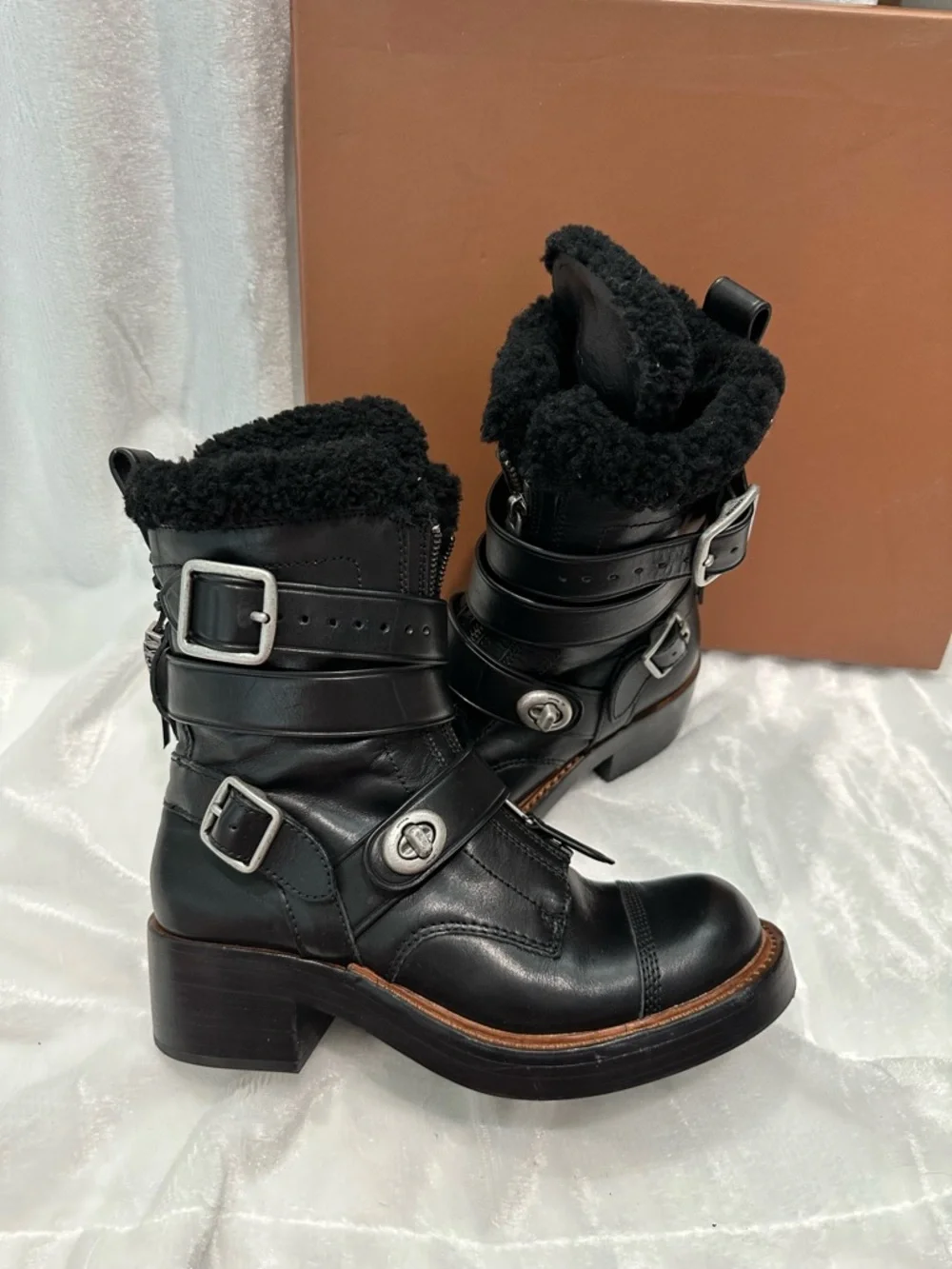 Coach Black Leather Shearling-Trim Buckle Moto Boot - Picture 4 of 6
